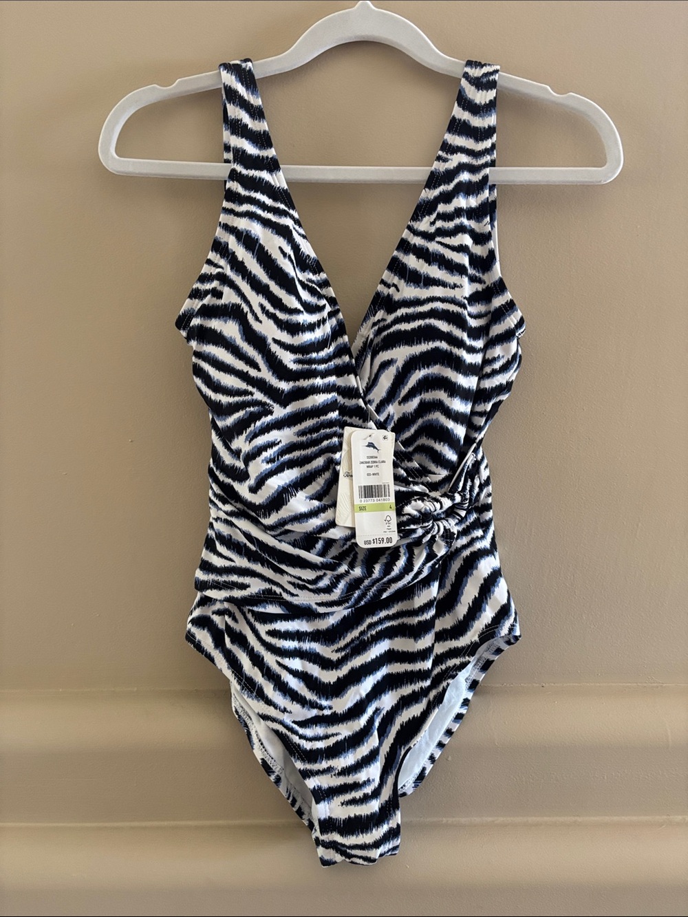 Tommy Bahama Zanzibar Zebra Clara Wrap Swimsuit. White/Blue. Size 4. NWT.